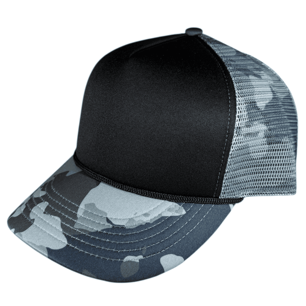 black grey island camo foam trucker