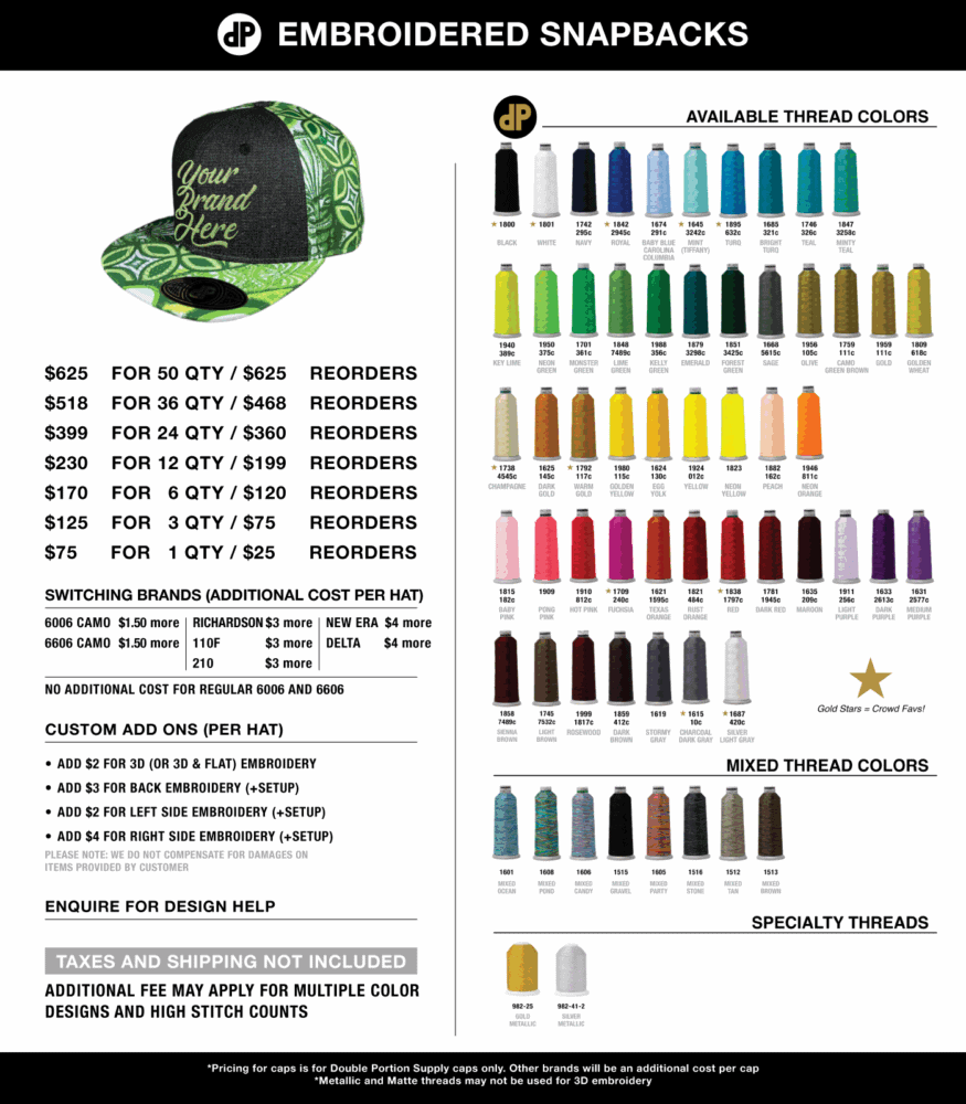 Custom Snapback Hats Embroidered | Double Portion Supply