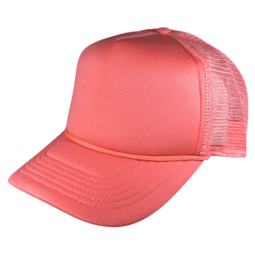 Pink trucker hat with breathable mesh back, perfect for outdoor and casual attire.