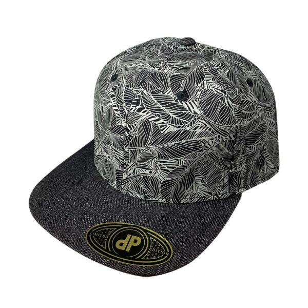 snapback flat bill black silver banana leaf black denim bill 7.jpg
