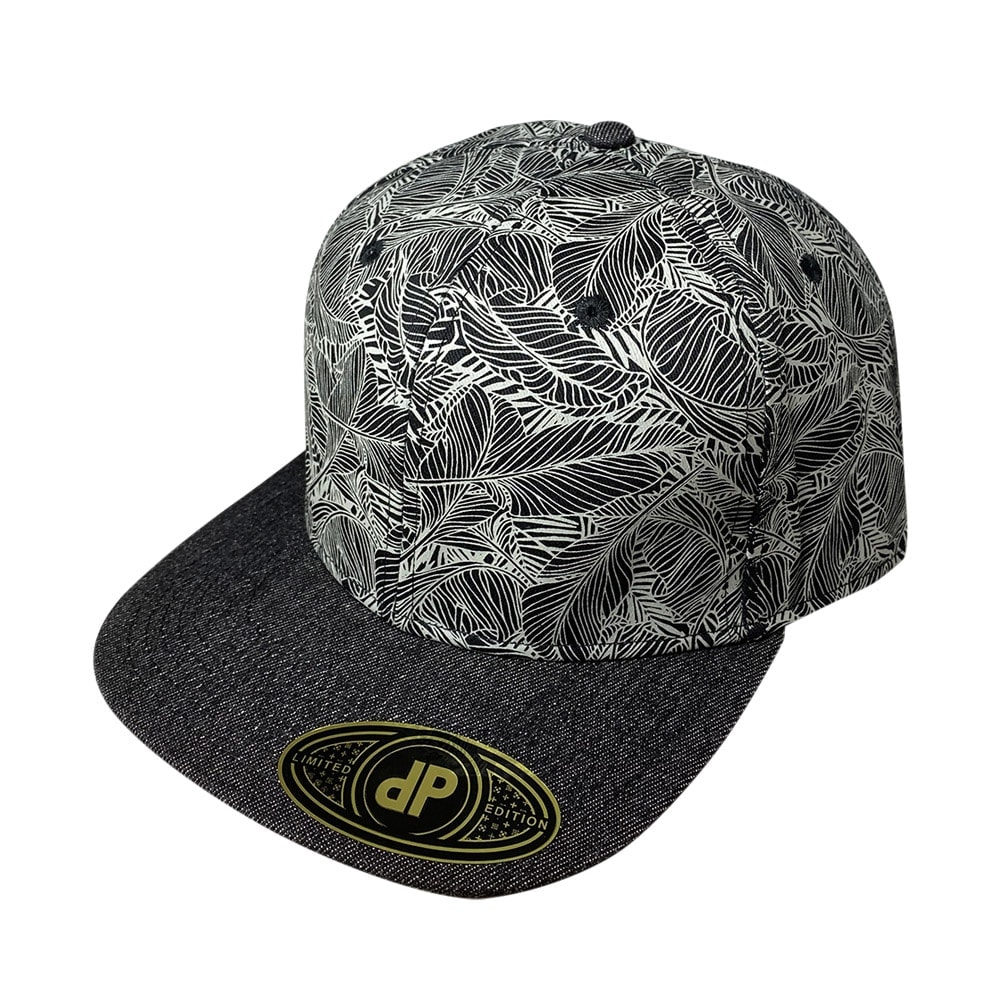 snapback flat bill black silver banana leaf black denim bill 7.jpg